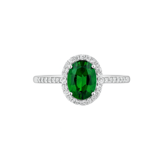 Green garnet (0.42ct) & diamond (0.11 ctw) oval halo ring 14k white gold 2.1 gr