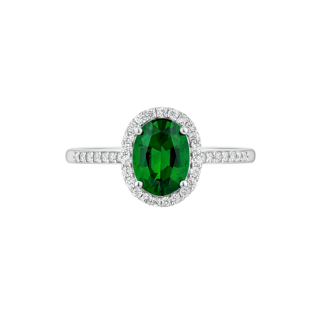 Green garnet (0.42ct) & diamond (0.11 ctw) oval halo ring 14k white gold 2.1 gr