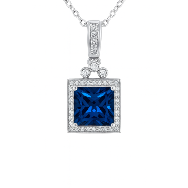 London blue topaz (2.86 ct) & diamond (0.04 ctw) square halo pendant 14k white gold
