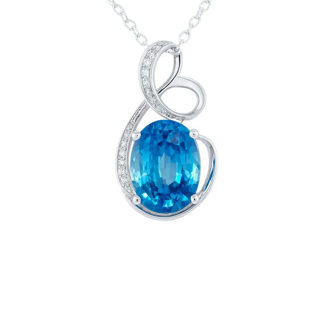 Blue zircon (4.9 ct) & diamond (0.05 ctw) oval pendant 14k white gold