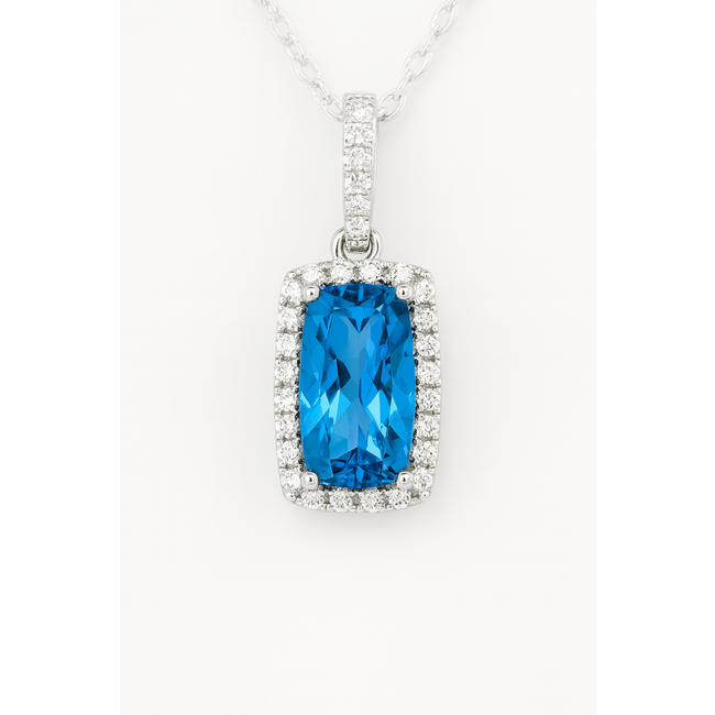 Blue topaz (1.39 ct) & diamond (0.17 ctw) checkerboard cut pendant 14k white gold