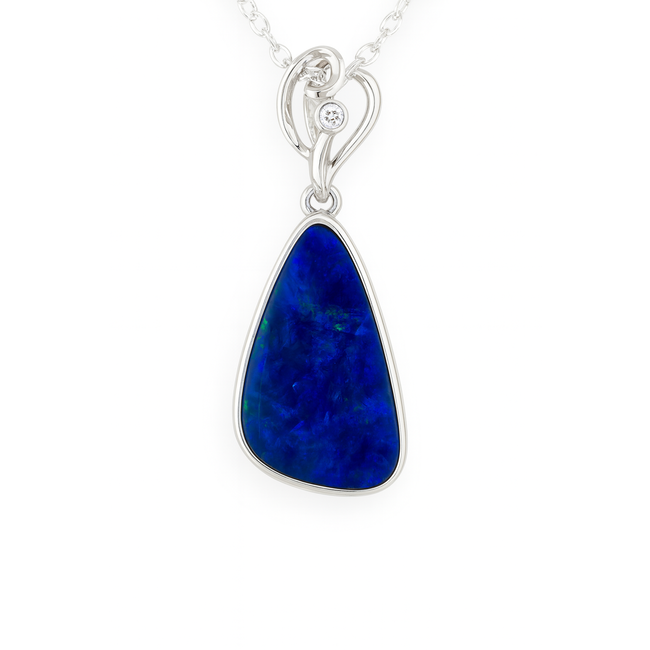 Opal doublet (4.9 ct) & diamond free form pendant 14k white gold 3.1 gr