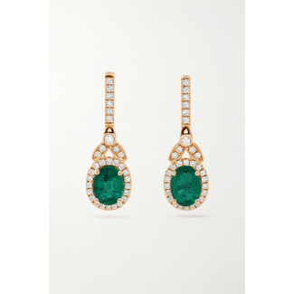 Emerald (1.40 ctw) & diamond (0.28 ctw) oval dangle earrings 14k yellow gold 2.4 gr