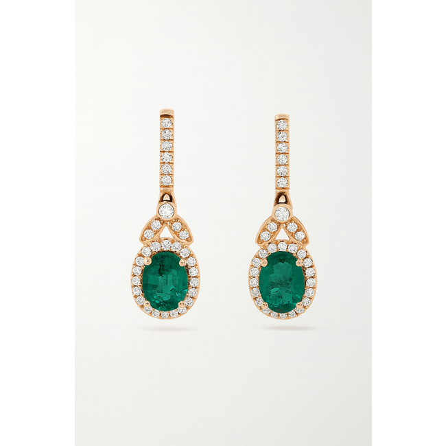 Emerald (1.40 ctw) & diamond (0.28 ctw) oval dangle earrings 14k yellow gold 2.4 gr