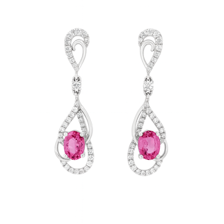 Pink sapphire (1.03 ctw) & diamond (0.33 ctw) dangle earrings 14k white gold 2.4 gr