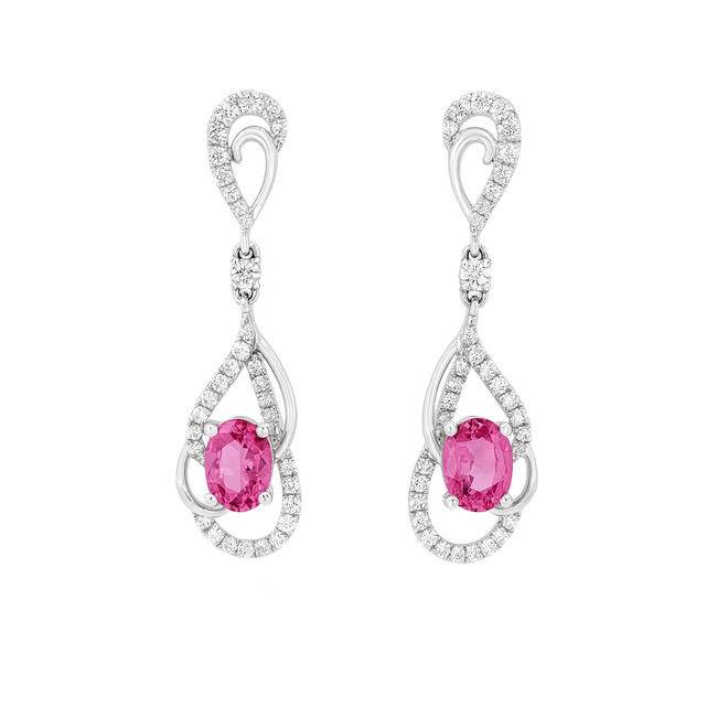 Pink sapphire (1.03 ctw) & diamond (0.33 ctw) dangle earrings 14k white gold 2.4 gr