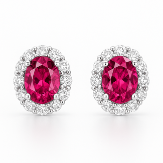 Pink tourmaline (0.38 ctw) & diamond (0.36 ctw) oval halo earrings 14k white gold 1.5 gr