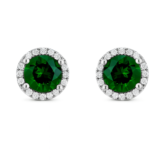 Green garnet (0.85 ctw) & diamond (0.13 ctw) round halo earrings 14k white gold 1.6 gr
