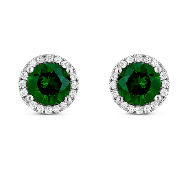 Green garnet (0.85 ctw) & diamond (0.13 ctw) round halo earrings 14k white gold 1.6 gr