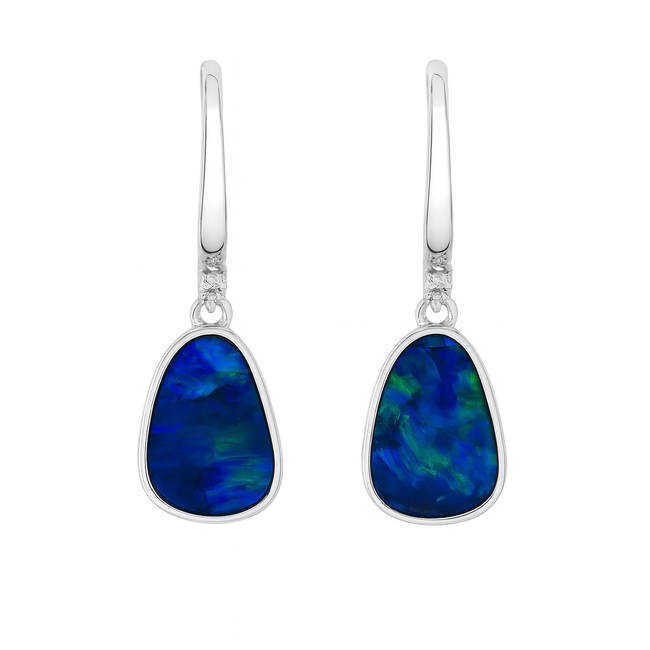 Opal doublet (4.5 ctw) & diamond (0.02 ctw) free for dangle earrings 14k white gold 3.0 gr