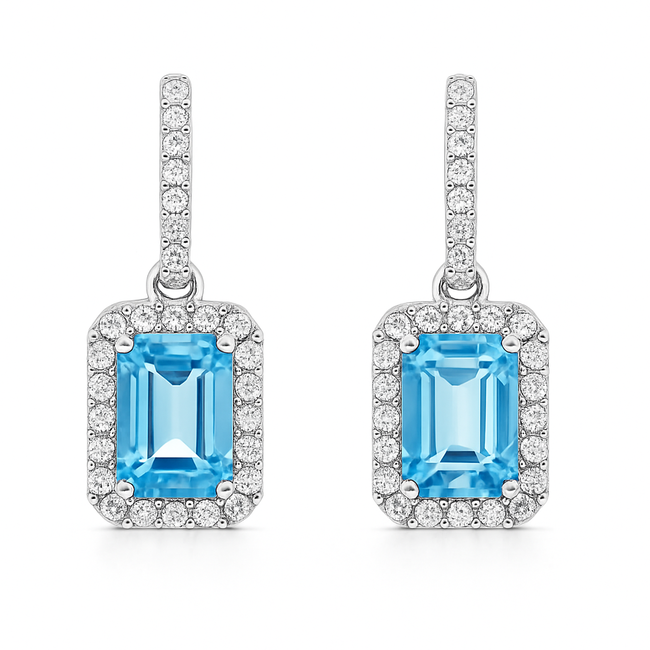 Blue zircon (1.97 ctw) & diamond (0.22 ctw) earrings 14k white gold 2.4 gr