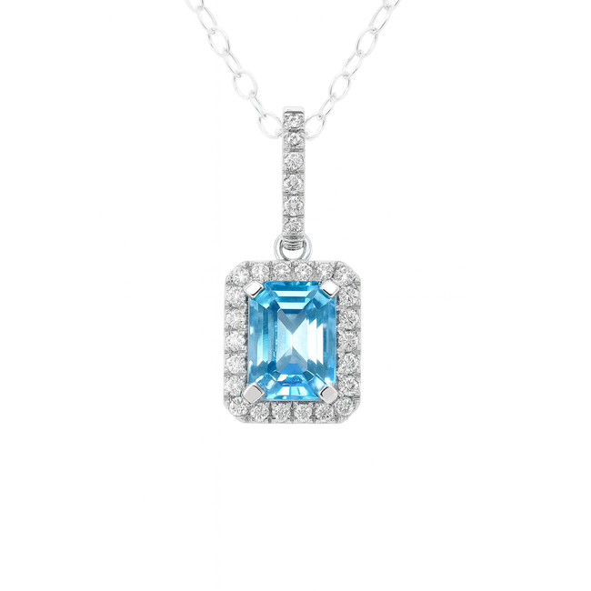 Blue zircon (0.98 ctw) & diamond (0.11 ctw) pendant 14k white gold 1.1 gr