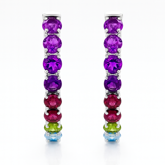 Multi color gemstone inside/outside hoop earrings sterling silver