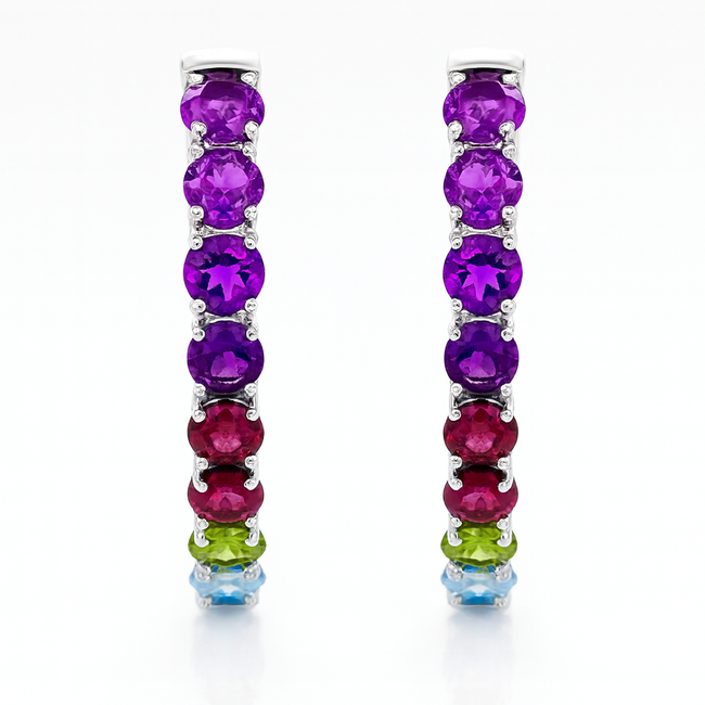 Multi color gemstone inside/outside hoop earrings sterling silver