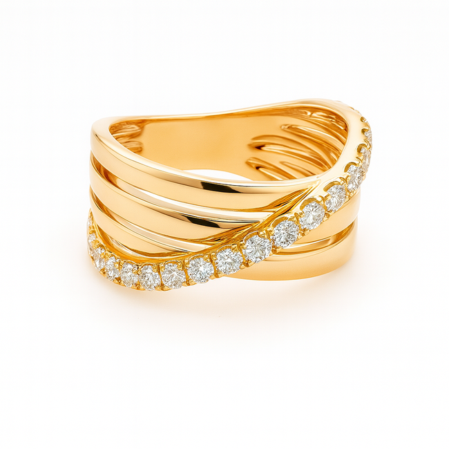 Diamond (0.65 ctw) multi row crossover ring 18k yellow gold 6.4 gr