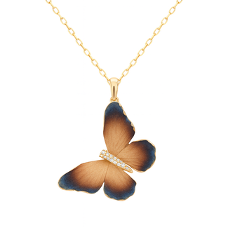 Diamond (0.08 ctw) blue & gold oxidized butterfly neckace 18 yellow gold 6.5 gr