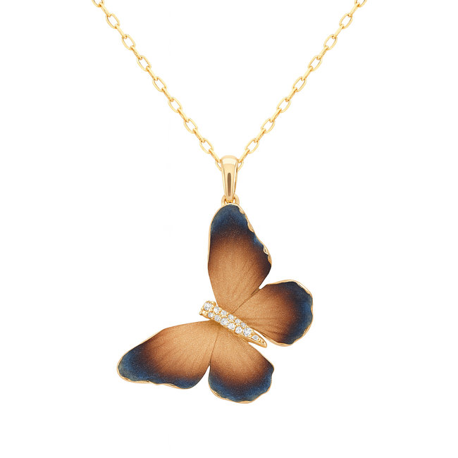Diamond (0.08 ctw) blue & gold oxidized butterfly neckace 18 yellow gold 6.5 gr