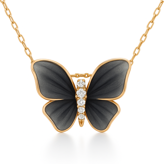Diamond (0.07 ctw) blue oxidized butterfly pendant w/chain 18k yellow gold 4.1 gr