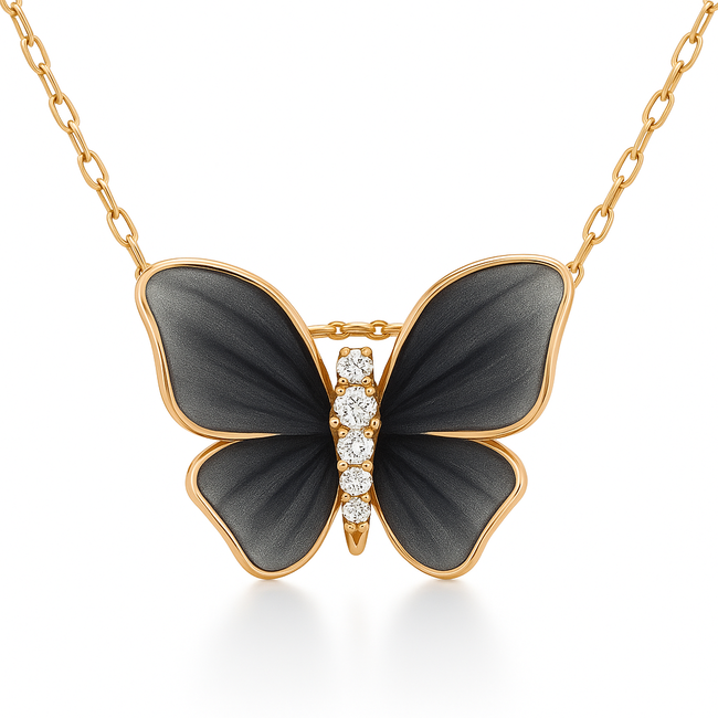 Diamond (0.07 ctw) blue oxidized butterfly pendant w/chain 18k yellow gold 4.1 gr