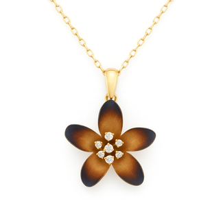 Diamond (0.14 ctw) blue & gold oxidized flower pendant w/chain 18k yellow gold 3.9 gr