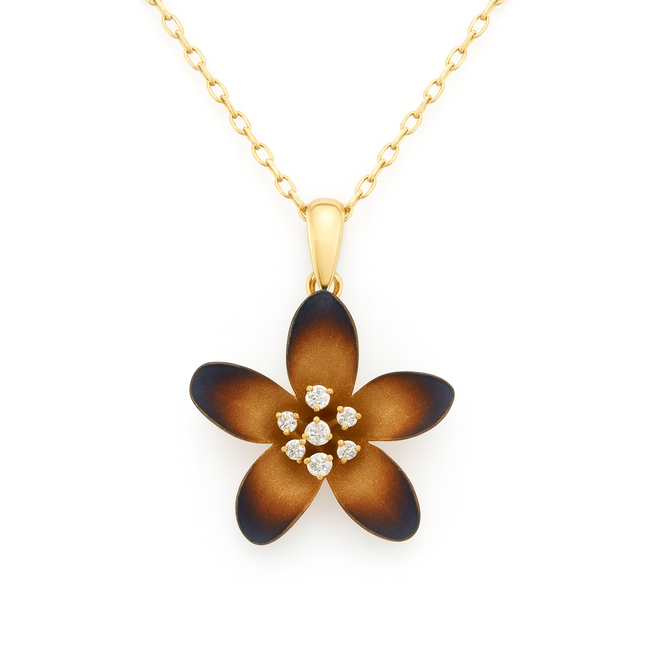 Diamond (0.14 ctw) blue & gold oxidized flower pendant w/chain 18k yellow gold 3.9 gr