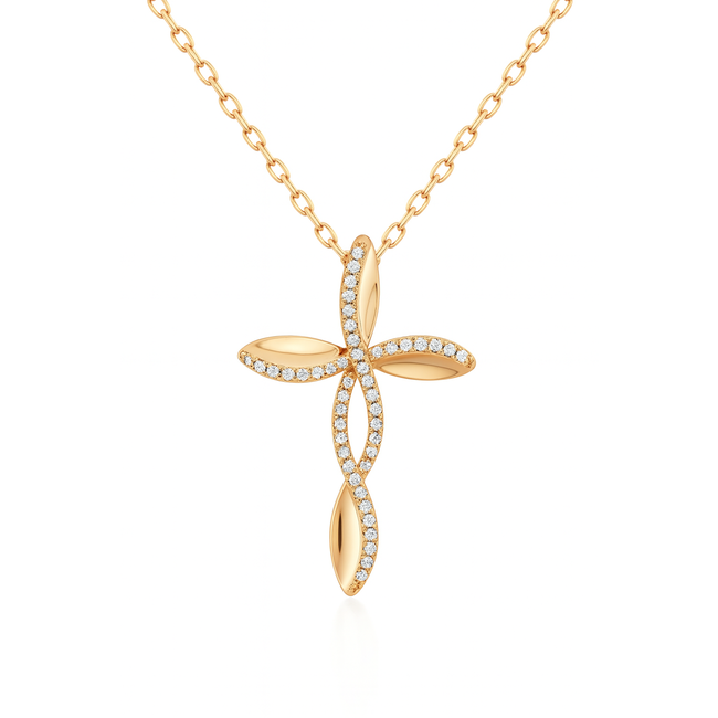 Diamond (0.15 ctw) polished cross pendant w/chain 18k yellow gold 4.2 gr