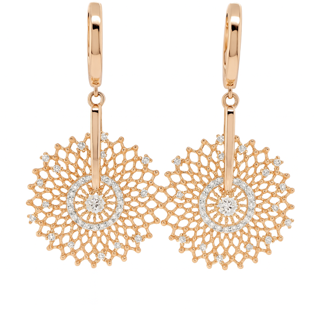 Diamond (0.64 ctw) round filigree dangle earrings 18k yellow gold 7.0 gr