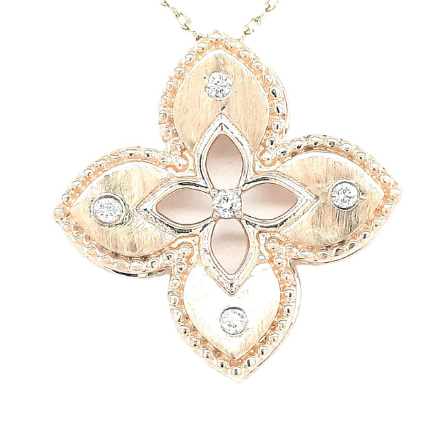Diamond (0.07 ctw) quadrefoil floral pendant w/chain 14k yellow gold 3.5 gr