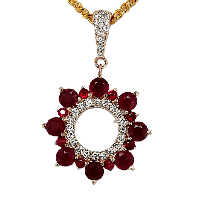 Ruby & diamond (2.85 ctw) circle pendant 14k yellow gold 3.4 gr