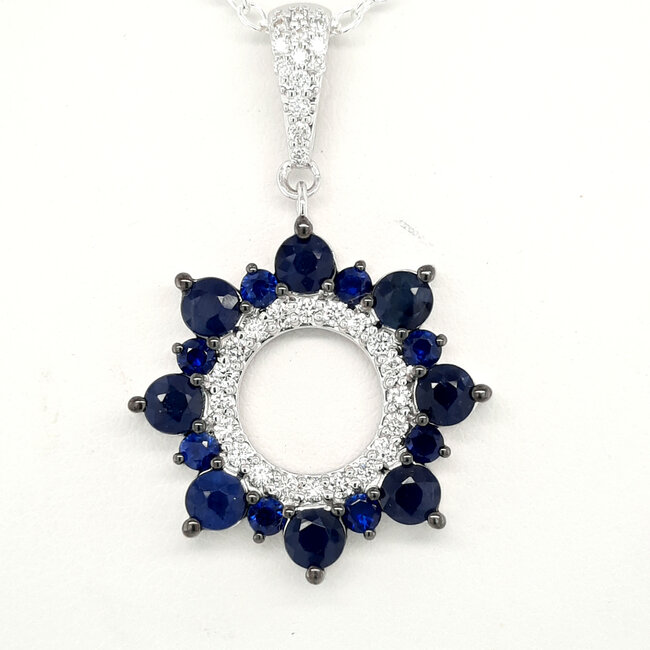 Sapphire & diamond (2.33 ctw) circle pendant 14k white gold 3.6 gr