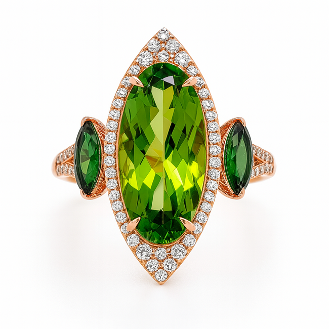 Peridot (5.27 ct) tsavorite garnet (0.83 ctw) & diamond (0.31 ctw) ring 14k yellow gold 4.2 gr
