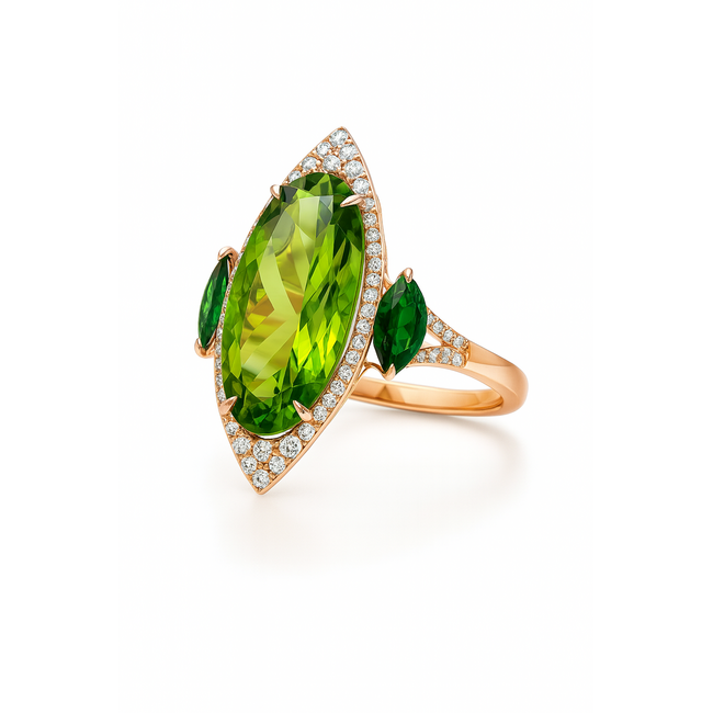 Peridot (5.27 ct) tsavorite garnet (0.83 ctw) & diamond (0.31 ctw) ring 14k yellow gold 4.2 gr