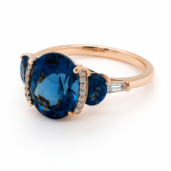 London blue topaz (3.37 ctw) & diamond (0.11 ctw) ring 14k yellow gold 2.6 gr