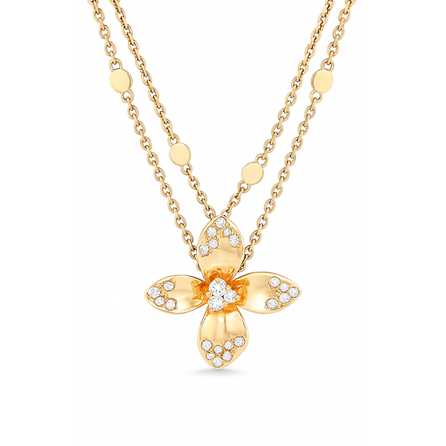 Diamond (0.26 ctw) floral multi row necklace 14k yellow gold 4.2 gr