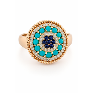 Turquoise (0.23 ctw) sapphire (0.05 ctw) & diamond (0.11 ctw) ring 14k yellow gold 3.3 gr