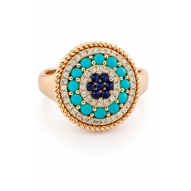 Turquoise (0.23 ctw) sapphire (0.05 ctw) & diamond (0.11 ctw) ring 14k yellow gold 3.3 gr