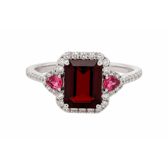 Garnet (1.68 ct) pink topaz (0.11 ctw) & diamond (0.21 ctw) ring 14k white gold 2.6 gr