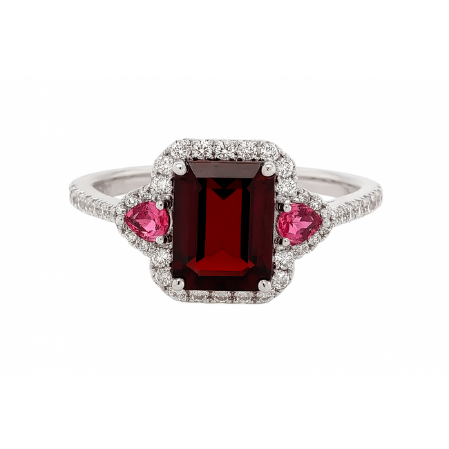 Garnet (1.68 ct) pink topaz (0.11 ctw) & diamond (0.21 ctw) ring 14k white gold 2.6 gr