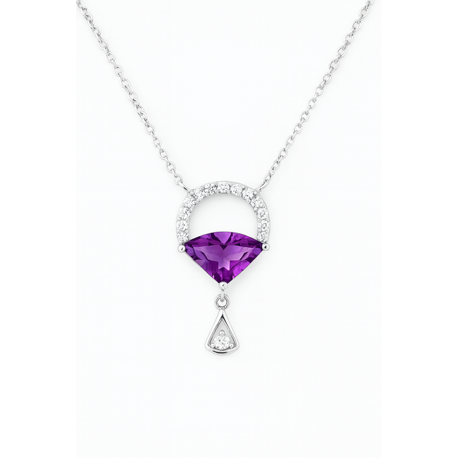 Amethyst (0.50 ct) & diamond (0.08 ctw) martini pendant w/chain 14k white gold 2.1 gr