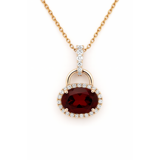 Garnet (0.92 ct) & diamond (0.10 ctw) oval pendant w/chain 14 yellow gold 1.9 gr