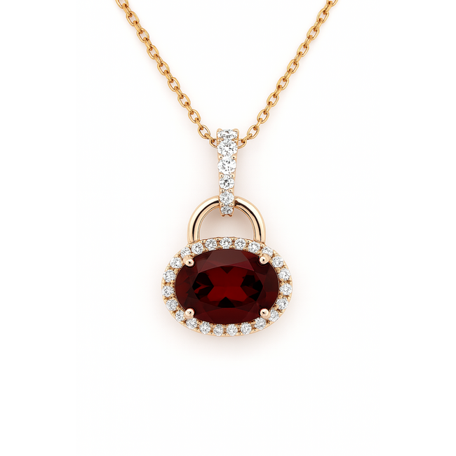 Garnet (0.92 ct) & diamond (0.10 ctw) oval pendant w/chain 14 yellow gold 1.9 gr