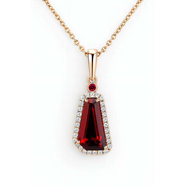 Garnet (2.19 ct) ruby (0.03 ct) & diamond (0.12 ctw) pendant w/chain 14k yellow gold 2.6 gr