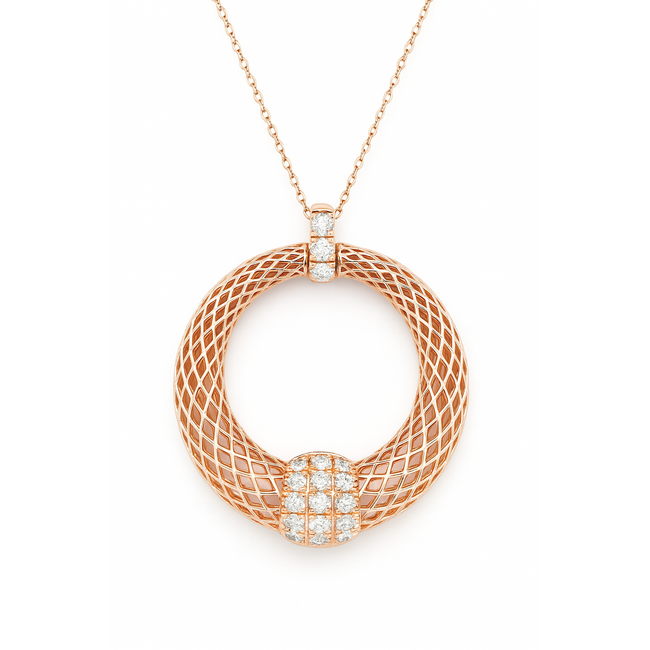 Diamond (0.22 ctw) mesh circle pendant w/chain 14k yellow gold 3.5 gr