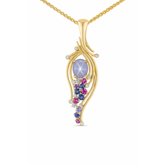 TQ original pink sapphire(3.9 ct) , multi-color sapphire(1.25 ctw), & diamond(0.10 ctw) pendant 18 yellow gold 5.5 gr