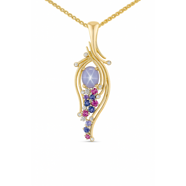 TQ original pink sapphire(3.9 ct) , multi-color sapphire(1.25 ctw), & diamond(0.10 ctw) pendant 18 yellow gold 5.5 gr