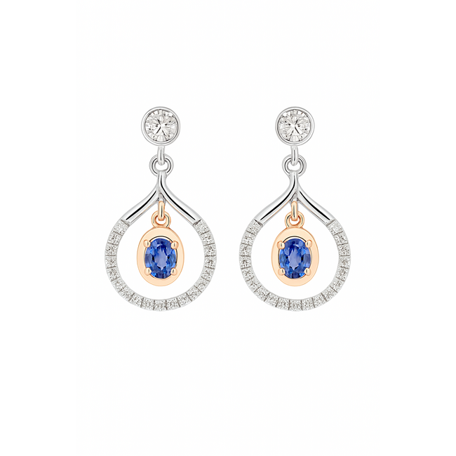 Sapphire (0.44 ctw) & diamond (0.24 ctw) dangle earrings 14k white & yellow gold 3.3 gr