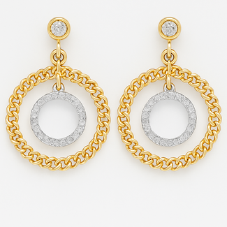 Diamond (0.27 ctw) link circle w/diamond dangle center earrings 14k yellow gold 4.5 gr