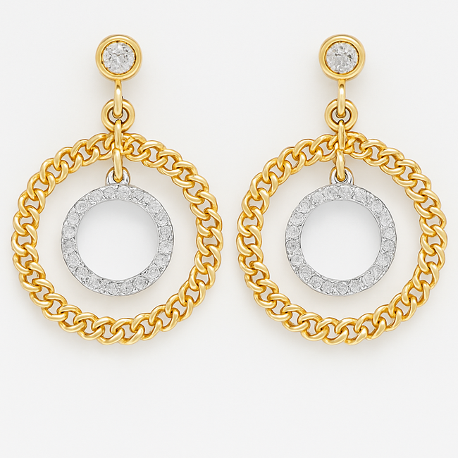 Diamond (0.27 ctw) link circle w/diamond dangle center earrings 14k yellow gold 4.5 gr