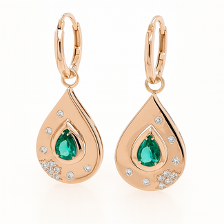 Emerald (0.75 ctw) & diamond (0.24 ctw) pear drop earrings 14k yellow gold 4.1 gr