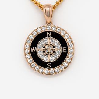 Black onyx (1.72 ct) & diamond (0.34 ctw) compass pendant 14k yellow gold 3.0 gr